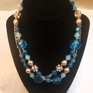 Statement Beaded Necklace-Blue Glass,Acrylic, &Focal Swirling Patterns. 34" Long